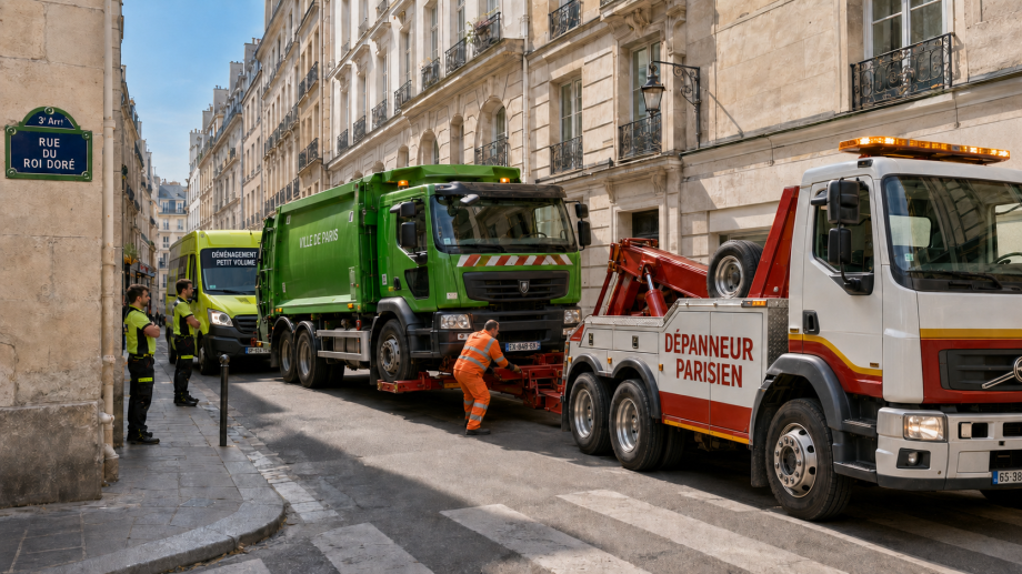 CamTrois véhicules immobilisés dans l’étroite ion-benne en panne rue du Roi-Doré à Paris 3.