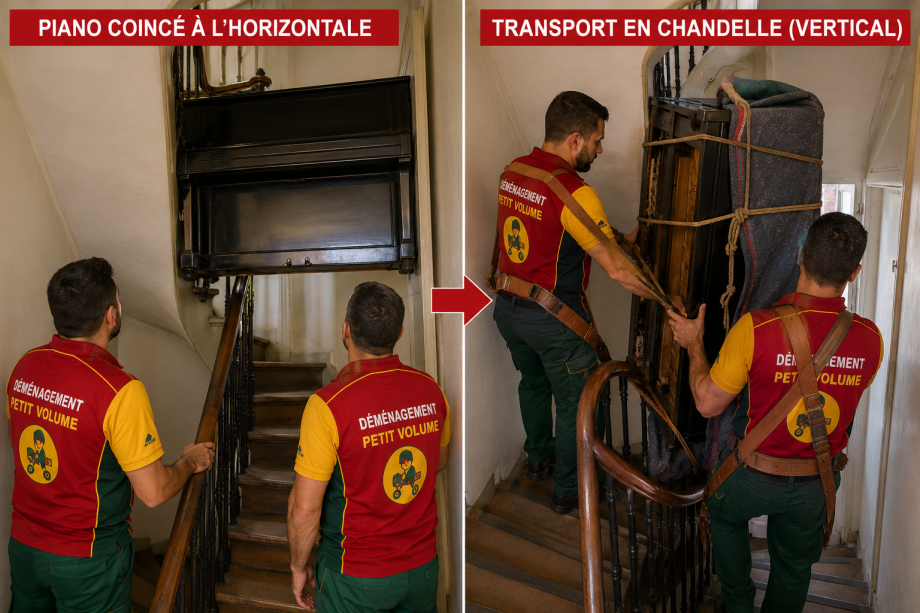 Montage comparatif montrant un piano d'étude bloqué à l'horizontale dans une cage d'escalier et le même piano protégé sous couvertures, transporté en position verticale par deux déménageurs équipés de sangles de portage.