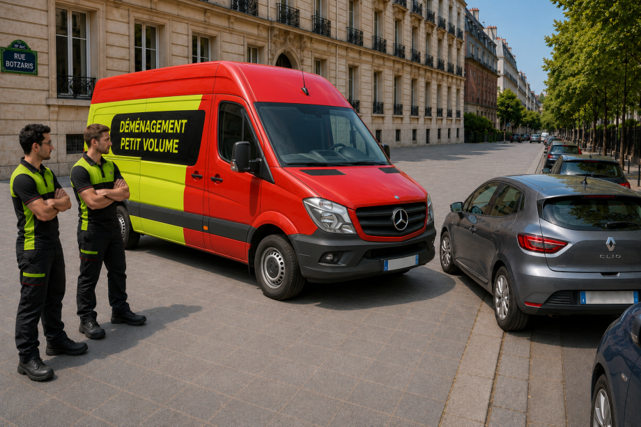 Deux déménageurs observent une Clio 4 garée face à leur utilitaire Mercedes rouge, vert et jaune sur le large trottoir de la rue Botzaris.