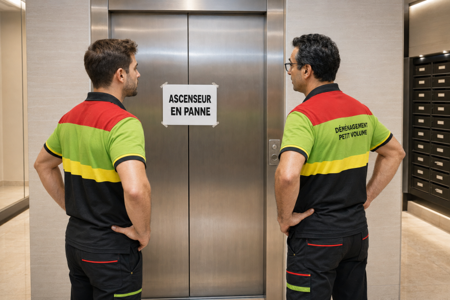 Deux déménageurs en tenue rouge, verte et jaune regardent une affiche « Ascenseur en panne » dans le hall moderne d’un immeuble.