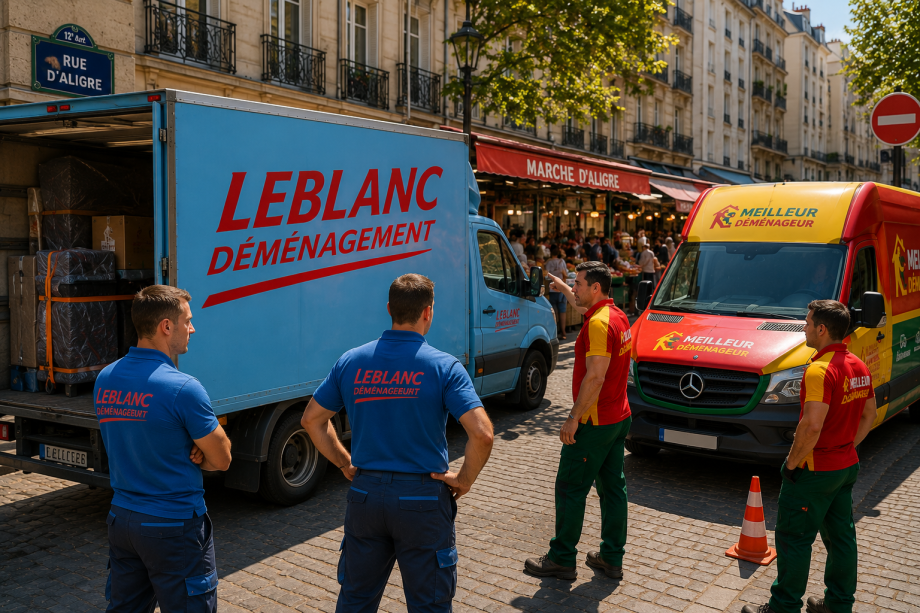 Déménageurs attendant la libération de la rue d’Aligre à Paris 12.