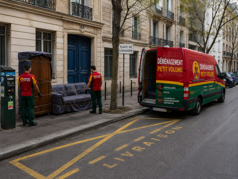Camionnette Déménagement Petit Volume stationnée sur une place de livraison avec un canapé Louis-Philippe et une armoire normande protégés par des couvertures de déménagement devant un immeuble haussmannien.
