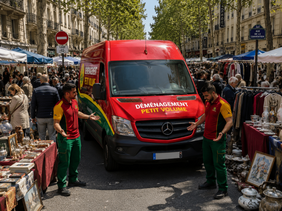 Camion Mercedes Déménagement Petit Volume rouge, vert et jaune immobilisé entre les stands d'un vide-grenier dans la rue de la Convention à Paris, avec deux déménageurs observant la situation.