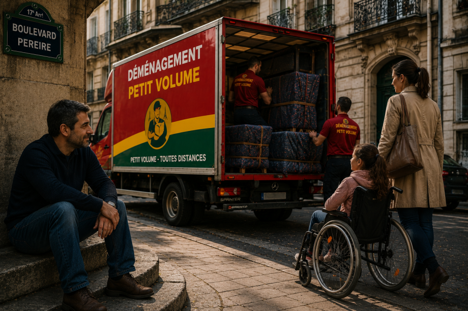 Fourgon Mercedes rouge, jaune et vert de Déménagement Petit Volume chargé de mobilier emballé sous couvertures avec deux déménageurs, un père assis regardant tendrement sa fille en fauteuil roulant accompagnée de sa mère devant un immeuble du boulevard Pe