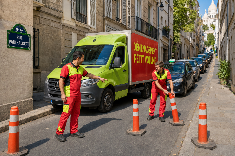 Deux déménageurs déplacent des plots devant leur camion rue Paul-Albert, avec un taxi et plusieurs voitures immobilisés derrière eux.